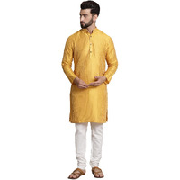 Sojanya (Since 1958 Men's Silk Blend Mustard Pintex Kurta And White Churidar Pyjama Set