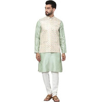 Sojanya (Since 1958 Men's Silk Blend Self Design Pista Kurta And Cream Pyjama With Designer Cream Nehru Jacket