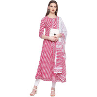 Stylum Women's Printed Cotton Flared Kurta With Dupatta (Summerpinkkdset36_Pink, S)