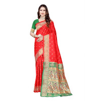 Sugathari Women's Banarasi Saree Pure Paithani Kanjivaram Silk Soft New Ladies 2024 Design Wear Pattu Sarees Latest Cotton Party Sari Collections With Blouse Piece For Wedding Sadi (Pari-206 Red)