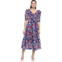 Sugathari Women's Blue Floral Print Tiered Midi Fit & Flare Dress With Ruffles (Ruffle Dress2 38 Blue L)