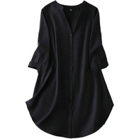 Gufrina Women's Rayon Top With 3/4Th Sleeves Mandarin Collar Neck Solid Pattern A Line Style Knee-Length And Regular Fit Black