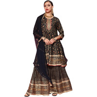 Ishin Women's Cotton Anarkali Embroidered Kurta Suit Set With Dupatta & Sharara Kpldsrd-19063_S_Navy Blue