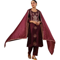 Ishin Women's Poly Silk Self Design Magenta Straight Kurta Suit Set With Trousers And Dupatta
