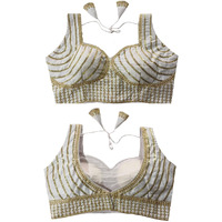 Vihu Fashion Women's Readymade Blouse Embroidery Multi Coding Gold Thread Indian Ethnic Designer Stitched Readymade Saree Sleeveless White Blouse For Women For Saree Lehenga Choli