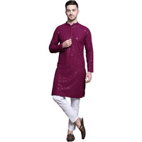 Jompers Men's Sequin Embroidered Pure Cotton Kurta With Pyjamas (Purple, L)
