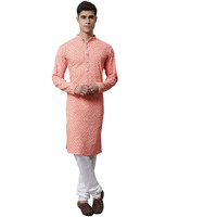 Jompers Men Chikankari Embroidered And Sequence Kurta With Churidar (Peach, M)