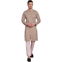 Jompers Men's Sequin Chikankari Front Open Kurta With Pyjamas (Beige, S)