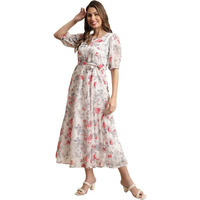 Preneum Women Fit & Flare Latest Style Print Georgette Regular Sleeves Casual Summer Maxi Dress | Festival & Occasion, Bright White, L