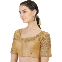 Pujia Mills Women's Silk Embroidery Khatli Work With Stone Work Readymade Half Sleeve Blouse (Gold_38)