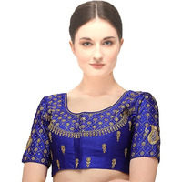 Pujia Mills Women's Silk Mango Embroidery Half Sleeve Blouse (Keri New Parent_Royal Blue_38)