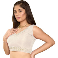 Pujia Mills Women's Heavy Milan Silk Floral Sleeveless Regular Blouse (Pm B Rangoli Off White 34