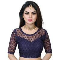 Pujia Mills Women's Net Back Hook Half Sleeve Blouse (Shipli Patti Navy Blue_Navy Blue_38)