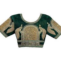 Pujia Mills Women's Zari Embroidery & Coding Twins Sequins Readymade Blouse (Dorr Parent Green M)