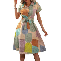 Gufrina Women's Short Sleeve Collar Neck Dress - Geometric Print Button-Down Midi Dress With Tie-Up Belt (Beige M)