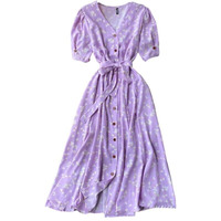Gufrina Dresses For Women Half Sleeve || Floral Print || V-Neck And Puff Sleeves || Front Open Button & Tie-Up || Midi Dress (Lavender Xl)