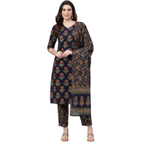 Idalia Women's Navy Blue Gold Printed Cotton Kurta Set With Pant And Dupatta