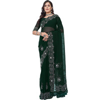 Satrani Women's Stone & Mirror Work Embellished Georgette Saree With Unstitched Blouse Piece (3754S121N_Dark Green)