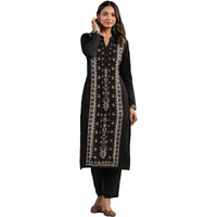 Ishin Women's Black Jacquard Style Ethnic Motifs Straight Winterwear Kurta