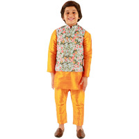 Jbn Creation Boys Silk Blend Orange Dupian Silk Kurta, Pyjama And Floral Printed Nehru Jacket Set (B679)