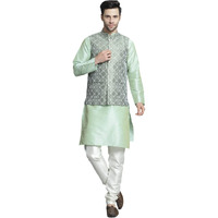 Jompers Mens Pista Woven Design Nehru Jacket With Kurta Pyjama Set (Pista, L)