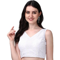 Pujia Mills Women's Georgette Sipali Sequin Work Sleeveless Embroidery Lucknowi Work Blouse (White, 34)