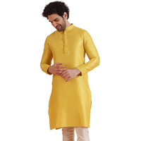 Kisah Men Light Yellow Embroidered Straight Kurta Full Sleaves, Knee Length, Straight, Regular Fit, Mandarin Collar Ethnic Wear