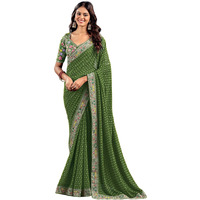 Satrani Women's Georgette Sequin Embroidery Lace Bandhani Printed Saree With Unstitched Blouse Piece (4440S562N_Green)