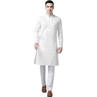 See Designs Men White Pure Cotton Chikankari Embroidered Straight Kurta With Pyjama_Sdkt111901S