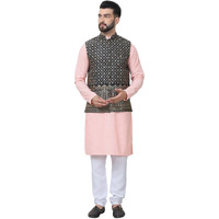 Sojanya (Since 1958 Men's Pure Cotton Peach Kurta And White Pyjama With Black Nehru Jacket