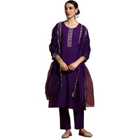 Varanga Women-Thread & Sequin Embroidered Yoke Kurta With Trouser & Scallop Dupatta