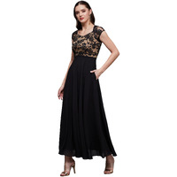 Miss Chase Women' Floral V - Neck Cap Short Sleeves Lace Overlaid Fit & Flare With Pockets Paneled Maxi Dress (Mcss21D06-11-62-04, Black, M)