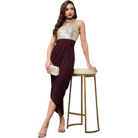 Miss Chase Women's Halter Neck Sleeveless Solid Embellished Midi Dress With Pocket (Mcss24D97-16-184-04, Wine, M)