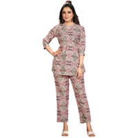 Nainvish Women's Polyester Printed Straight V-Neck Co-Ord Top & Pant Set (Sd596_Kb-S_Grey Pink)