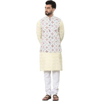 Sojanya (Since 1958 Men's Cotton Foil Printed Yellow Kurta And White Pyjama With Printed Cream Nehru Jacket