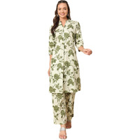 Fiorra Women's Pista Green Cotton Straight Kurta With Pant Co-Ord Set Set0138