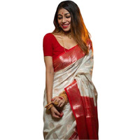 Flosive Women's Birch Off-White And Red Zari Woven Kanjivaram Saree With Blouse