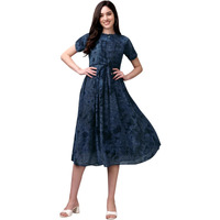 Gufrina Women's Georgette Midi Dress With Short Sleeves Abstract Printed High Round Neck Knee Length Regular Fit And A Line Style Blue