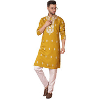 Jompers Men's Mustard Chikankari Embroidered Kurta With Pyjama. (Mustard, Xxl)