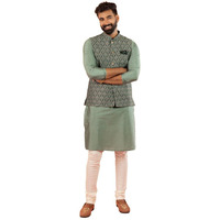 Kisah Men's Kurta Jacket Churidar Set Silk Blend Jacquard Full Sleaves, Knee Length, Regular Fit, Green, 40