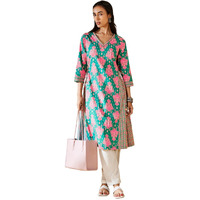 Nainvish Women's Cotton Blend Printed A-Line V-Neck Kurta (Sd658_K-S_Green & Pink)