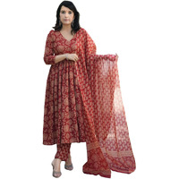 Nermosa Viscose Women Printed Anarkali Kurta Pant With Dupatta Set (In, Alpha, L, Red)