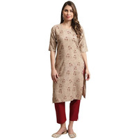 Pinkmint Kurta Set For Women Cotton Printed Knee Length Straight Round Neck Kurti With Pant (Pack Of 1) Beige-Red