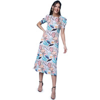 Popwings Casual Abstract Printed Midi Dress For Women | Half-Sleeves Long Dress For Women | Round-Neck Women Stylish Dress Off White