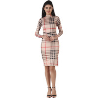 Popwings Casual Beige Check Print Halter Kneck Full Sleeves Knee-Length Bodycon Dress For Women || Latest Stylish Western Summer Wear Bodycon Dress For Women