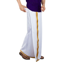 Prakasam Cotton White Colour-Gold Jari Border Welcro Pocket Stitched Dhoti For Mens/Size Hip -42 Inches- Length- 42 Inches