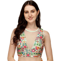 Pujia Mills Women's Phanotm Silk Floral Sleeveless Saree Blouse (Pp 4_White_38)