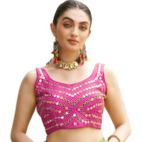 Pujia Mills Women's Embroidery Work Real Mirror Sleeveless Readymade Blouse Pink Color (V-Mirror_Pink_38)