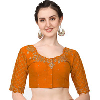 Pujia Mills Women's Embroidery Handwork, Rough Cut Work Stone Work Readymade Blouse (38, Orange)