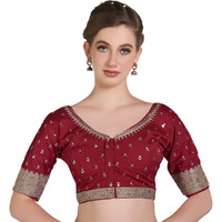 Pujia Mills Women Indian Ethnic Wear Designer Golden Codding With Zari Embroidered Diamond Work Round Neck Half Sleeve Readymade Aari Work Saree Blouse Bridal Readymade Blouse Maroon Lehenga Choli